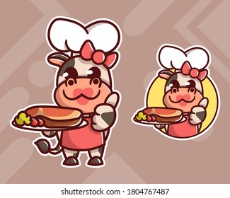 set of cute steak cow mascot logo with optional appearance. premium kawaii vector