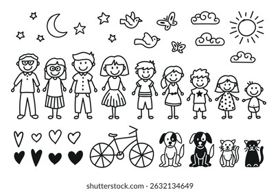 Set of cute stick figures. Happy family with extra elements. Sun, clouds, birds, butterflies, pets and bicycle. Doodle style vectors, isolated and editable.