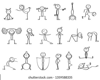 Set of cute stick figures making sports in different poses. Simple drawn doodles, expressing emotions, perfect for a presentation or commercial purposes. 