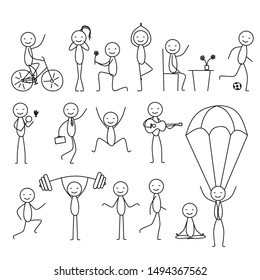 	
Set of cute stick figures making activity  in different poses. Simple drawn doodles, expressing emotions, perfect for a presentation or commercial purposes.