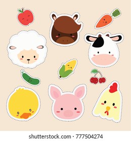 set of cute sticker with animal farm face