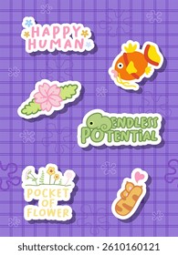 a set of cute sticker design with flower and fish doodle