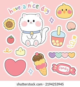 Set of cute sticker icon cartoon design on pink background.Cat and chicken.Animal,dessert,heart,flower hand drawn.Pastel.Kawaii.Vector.Illustration.