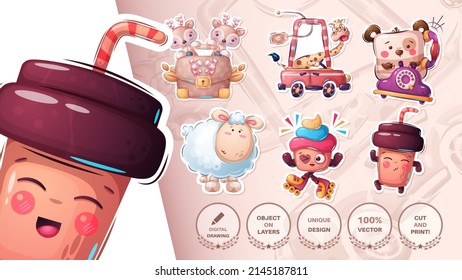 Set cute sticker tea, coffee, deer, diplomat, giraffe, car, lamb, sheep, bear, phone, cake