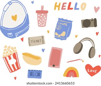 Set of cute sticker things drawn in pencil and isolated on a white background