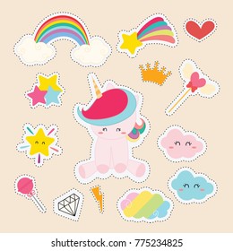 set of cute sticker with unicorn