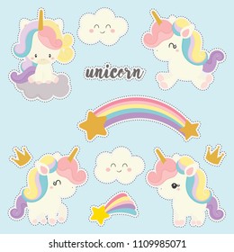 set of cute sticker with unicorn vector
