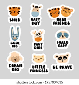 A set of cute stickers with animal faces and inscriptions