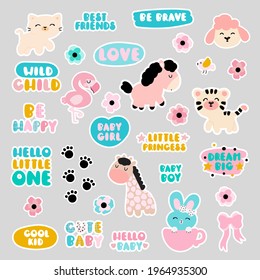 A set of cute stickers with animal lettering phrases for baby. Tiger, cat, horse and text popular little princess, hello little one and others