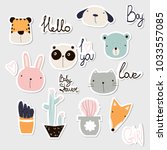 Set of cute stickers with animals, cactus and lettering. Vector hand drawn illustration.