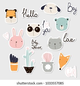 Set of cute stickers with animals, cactus and lettering. Vector hand drawn illustration.