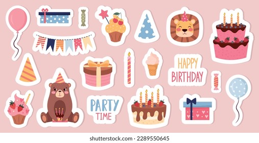 A set of cute stickers with animals and party elements. Vector illustration of a birthday