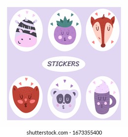 
Set of cute stickers with animals. Vector illustration
