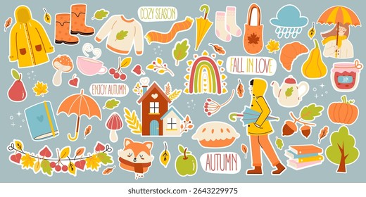 Set of cute stickers of autumn elements