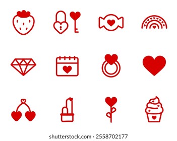 Set of cute stickers and badges design for Valentine’s day. Set of red outline icons for event party celebration festival ceremony anniversary, Valentine's day. Design for print, card, decoration