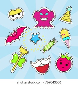 Set of cute stickers, badges, pins, and patches with ghost, ice cream, star, tomato, wand, bat and beard.