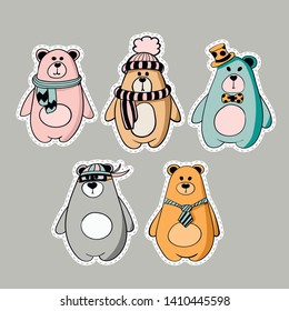 Set of cute stickers with bears. Vector hand drawn illustration.