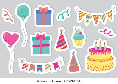 Conjunto de adesivos bonitos com elementos de aniversário сartoon. Ilustração plana vetorial em plano de fundo cinza isolado	