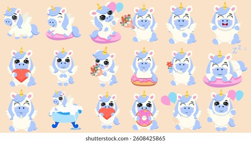 A set of cute stickers with a blue unicorn pony with wings depicting different emotions and actions: heart, flowers, glasses, donut, swimming, sleeping, etc. Suitable for kids content, stickers, messe