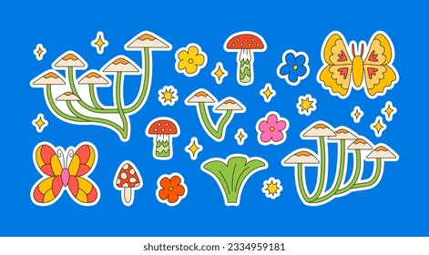 Set of cute stickers with butterflies, mushrooms and flowers. Vector illustration in groovy psychedelic style. Kidcore aesthetic
