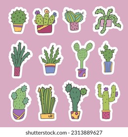 Set of cute stickers of cacti in pots. Indoor plants. For the design of cards, invitations or stickers. Isolated vector.