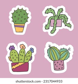 Set of cute stickers of cacti in pots. Indoor plants. For the design of cards, invitations or stickers. Isolated vector