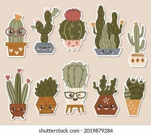 Set of cute stickers cactuses and succulents. Vector illustration for design of planners, notebooks and more