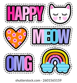 Set of cute stickers. Cat, rainbow, heart and words. Girlish stickers in bright colors isolated on white background. Fashion patch, badges in cartoon style