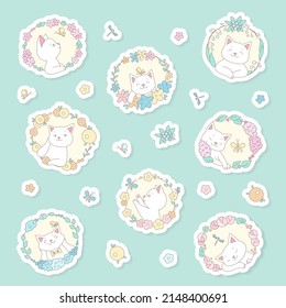 Set of cute stickers with cats and flowers. Doodle illustration of adorable white kittens on a background of floral garlands. Vector 10 EPS.