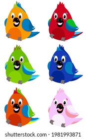 Set of cute stickers for children. Cartoon parrots stickers emoticons. Vector illustration.