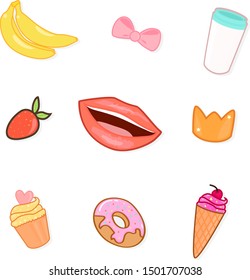 Set of cute stickers. Colorful symbols with lips, ice-cream and coffee. Template for polygraphy
