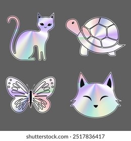 Conjunto de adesivos bonitos consistindo de uma raposa, um gato, uma tartaruga, uma borboleta. Adesivos com efeito holográfico e efeito de brilho para artigos de papelaria, janelas decorativas e banners, cartazes