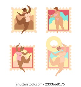 A set of cute stickers with Curvy girls of different ethnicity, Vector illustration of body positive vibes, fun, positive vacation lifestyle card