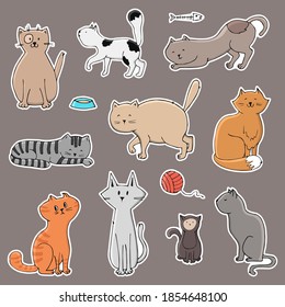 Set of cute stickers with different cats. Design concept for label, patch, print.