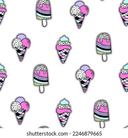 Set of cute stickers and different elements with ice cream, hearts. Girlish stickers in bright colors isolated on white background. Fashion patch