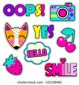 Set of cute stickers and different elements with fox, camera, cherry, strawberry, cloud and words.Girlish stickers in bright colors isolated on white background. Fashion patch badges in cartoon style.