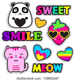 Set of cute stickers and different elements with watermelon, strawberry, panda, cat, heart and words. Girlish stickers in bright colors on white background. Fashion patch, badges in cartoon style.