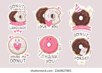 Un conjunto de lindos stickers con donuts. Ilustración vectorial de un personaje de donut en estilo doodle. Colección para diario, diarios, scrapbooking aislado.