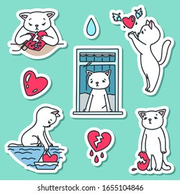 Set of cute stickers. Doodle illustration of sad heartbroken cats. Isolated objects. Vector 8 EPS