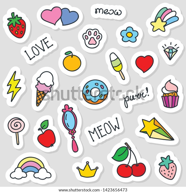 Set Cute Stickers Doodle Illustration Kawaii Stock Vector (Royalty Free ...