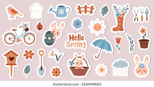 A set of cute stickers with Easter bunnies, elements of spring