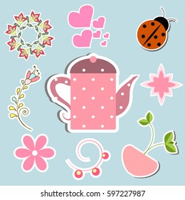 Set of cute stickers with flowers,teapot,ladybug, separated decorative elements