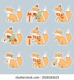 A set of cute stickers. Fox in a scarf and Santa hat with a Christmas tree and letter, with gift and glasses. Vector illustration for kids collection, print, design and decor, postcards and decoration