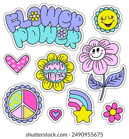 Set of cute stickers with funny elements. Girlish stickers in bright colours isolated on white background. Fashion patch in retro groovy style. Flower, rainbow, heart, love