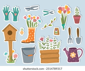 Set of cute stickers with сartoon garden equipment. Vector flat illustration on blue isolated background	
