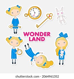 set of cute stickers with girl Alice and white rabbit in wonderland.  Vector illustration