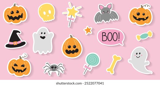 Conjunto con lindas pegatinas para Halloween. Ilustración vectorial