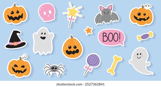 Set with cute stickers for Halloween. Vector illustration