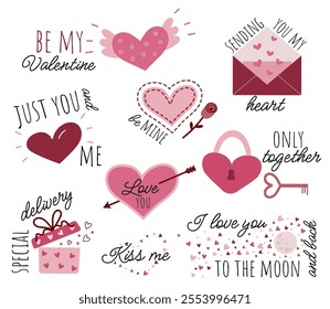 Set of cute stickers Happy Valentine's Day lettering inscription.