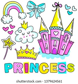 Set of cute stickers with hearts, crown, star, other elements for princess girl, Girlish elements in bright colors isolated on white background. Fashion patch in cartoon style.